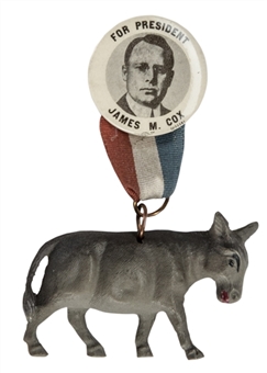 1920 James Cox Presidential Pin With Donkey Hanger